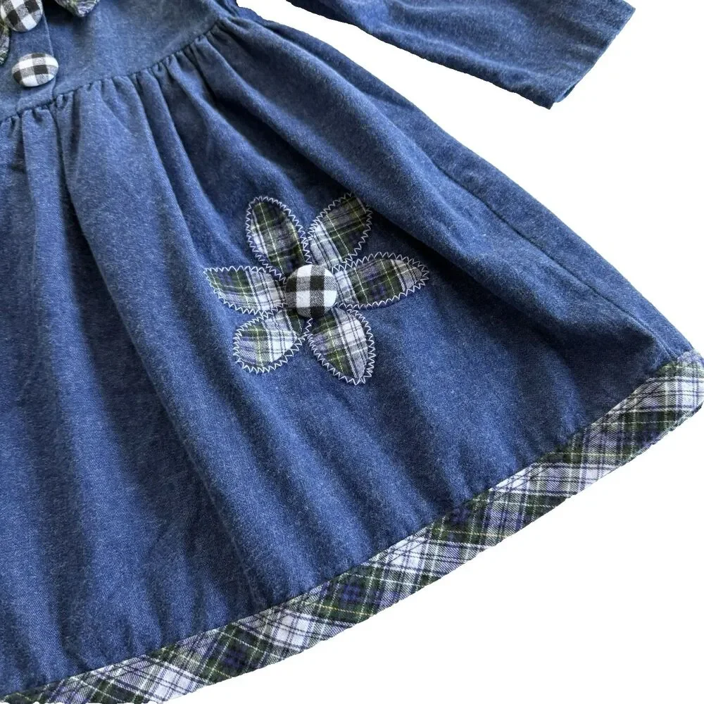 Buster Brown Girls 6 Denim Dress Floral Green Plaid Accents Embroidered Vtg USA